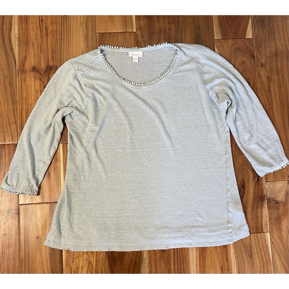 J. Jill Love Linen Top Womens Medium Sea foam Green Cropped Sleeve Pom Pom Trim